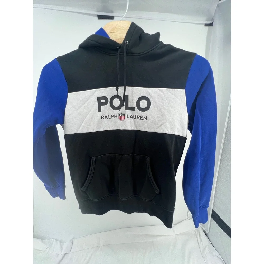 Polo Ralph Lauren Colorblock Hoodie Black Blue White Logo Graphic Size L‎